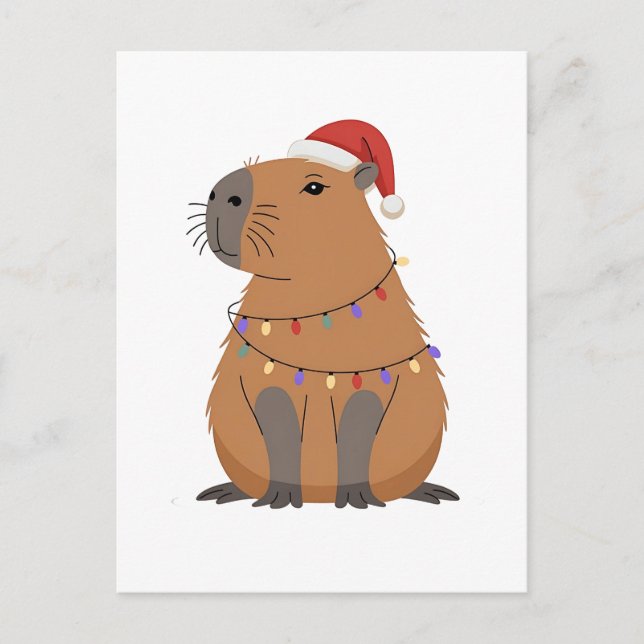 Julcapybara med tomteluva och Xmas-ljus Helg Vykort (Framsida)