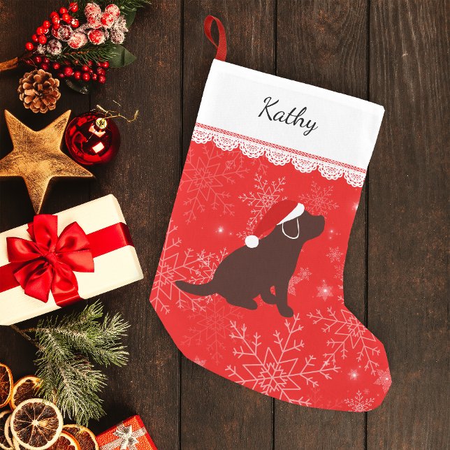 Julchoklat Labrador Puppy Stocking Liten Julstrumpa (Personalized Chocolate Labrador Puppy Silhouette Christmas Stocking for Chocolate Labrador Owners.)