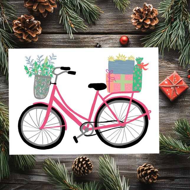 Julcirkeln ger Rosa Helgdag-kort (Adorable Christmas Bicycle Holiday Xmas Gifts Pink Flat 
Card)