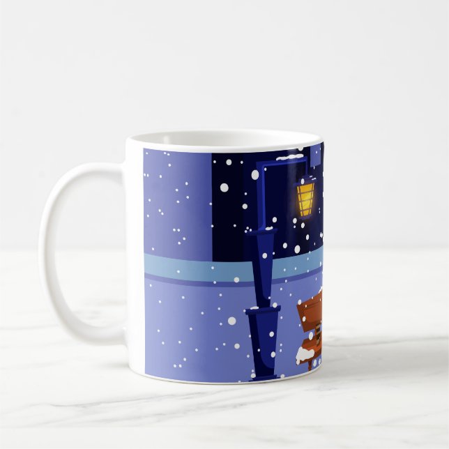 Julcityscape med gatulampa, träd och gif kaffemugg (Vänster)