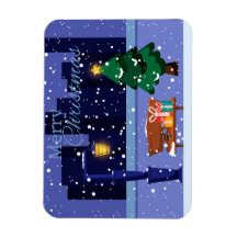 Julcityscape med gatulampa, träd och gif