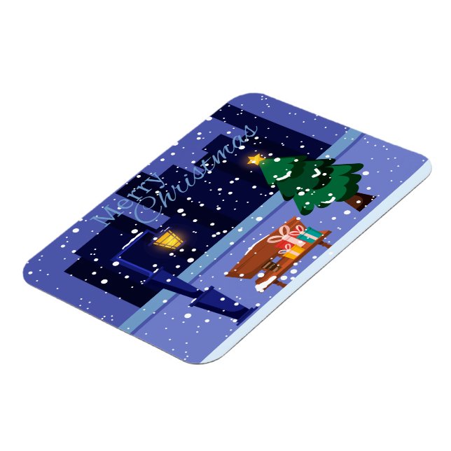 Julcityscape med gatulampa, träd och gif magnet (Vänstra Sidan)