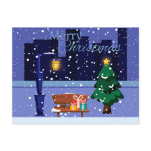 Julcityscape med gatulampa, träd och gif