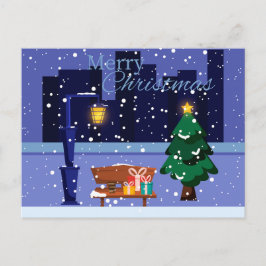 Julcityscape med gatulampa, träd och gif vykort