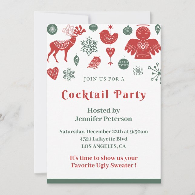 Julcocktail Vacker Nordisk Mönster Grön Inbjudningar (Framsida)