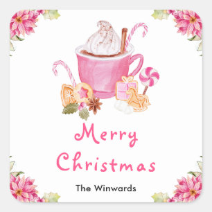 Julcookies och kakao Rosa God Jul Fyrkantigt Klistermärke