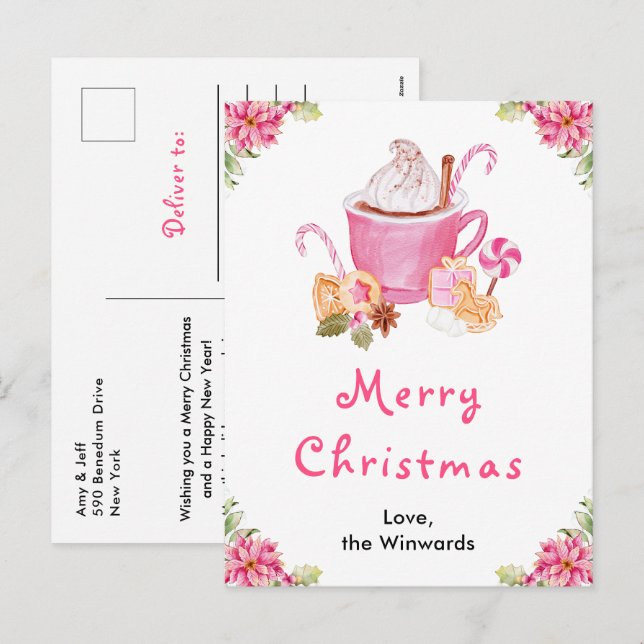 Julcookies och kakao Rosa God Jul Helg Vykort (Fram/baksida)