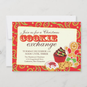 Julcookiexchange & etikett röd inbjudan