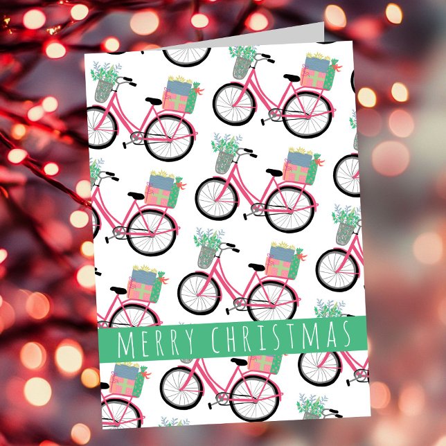 Julcykelns Helgdag Cute Girly Rosa Kort (Adorable Christmas Bicycle Holiday Cute Girly Pink Modern Xmas Card
)