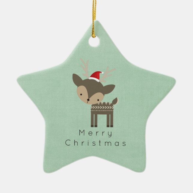 Juldag Hjort i en röd tomtehatt Retro Hipster Julgransprydnad Keramik (Framsidan)