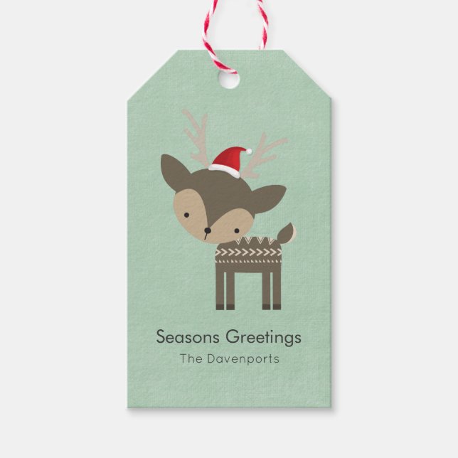 Juldag Hjort i en röd tomtehatt Retro Hipster Presentetikett (Framsidan)