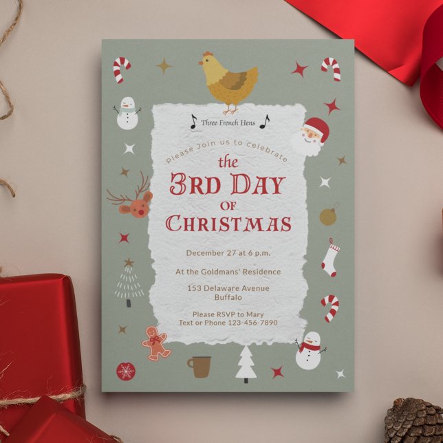 Juldagen 3:e juldagen Belad jul Party Inbjudningar (A Third Day of Christmas party isn't belated -- it's correct! 
)