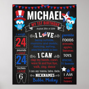 Juldagen 4:e Uggla Patriotic Red flagga Birthday Poster
