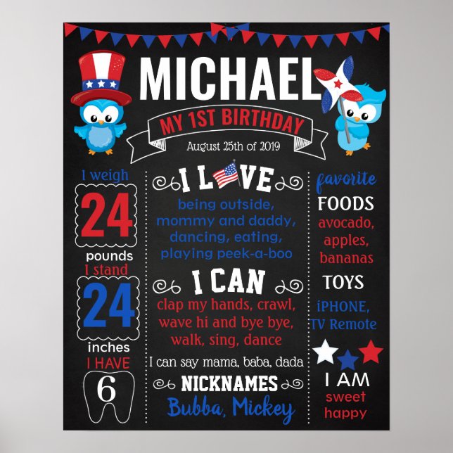 Juldagen 4:e Uggla Patriotic Red flagga Birthday Poster (Framsidan)