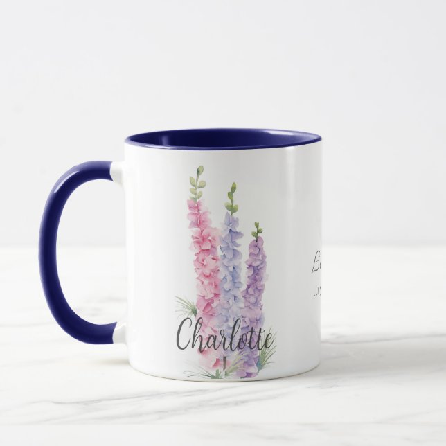 Juldagen Birthday Flower Watercolor Larkspur Mugg (Vänster)