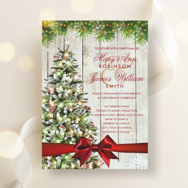 Juldagen Bröllop Träd, Ljus och Röda band Inbjudningar (Rustic Christmas Wedding Tree, Lights & Red Ribbon Invitation)