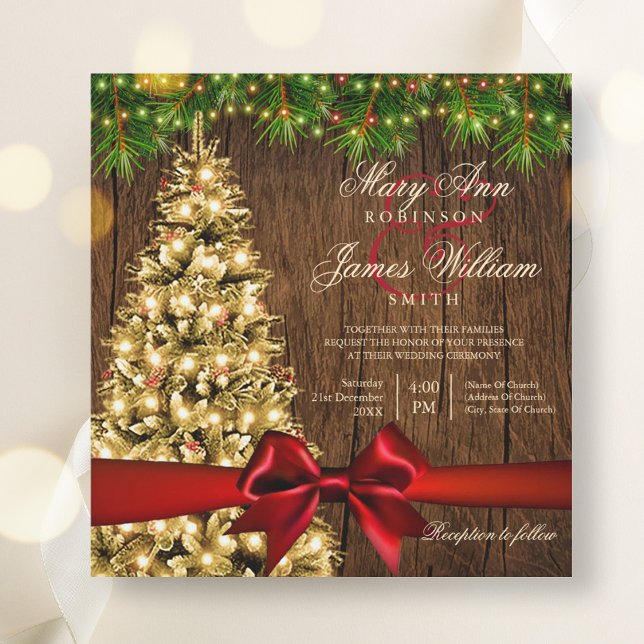 Juldagen Bröllop Träd, Ljus och Röda band Inbjudningar (Rustic Christmas Wedding Tree, Lights & Red Ribbon Invitation)
