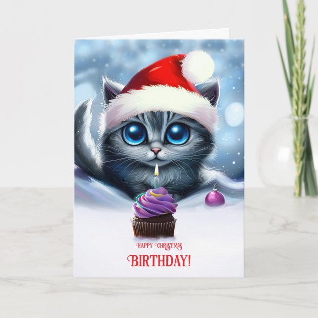 Juldagen Cute Kitten med Cupkaka Kort (Framsida)
