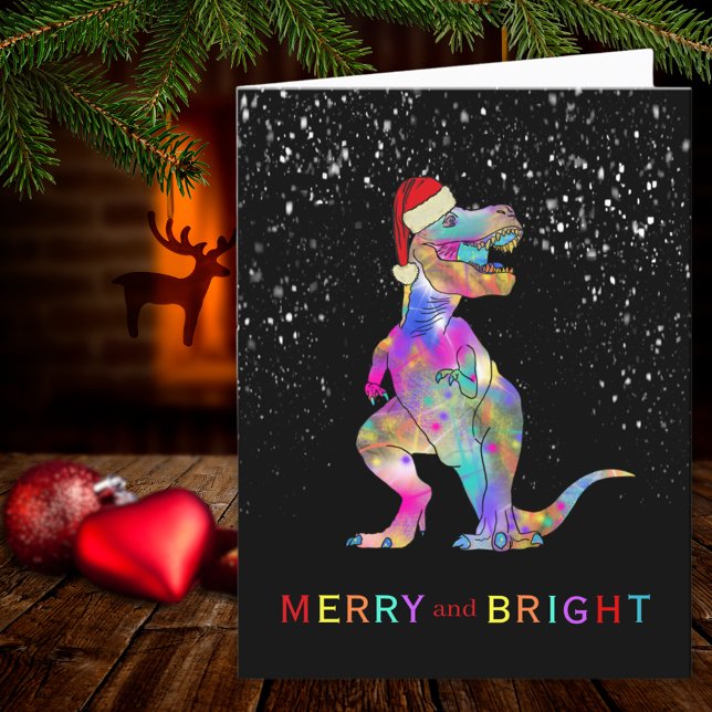 Juldagen Dinosaur Merry och Bright Santa Tomten Helgkort (Dinosaur Christmas T-Rex merry and bright fun holiday greetings card)