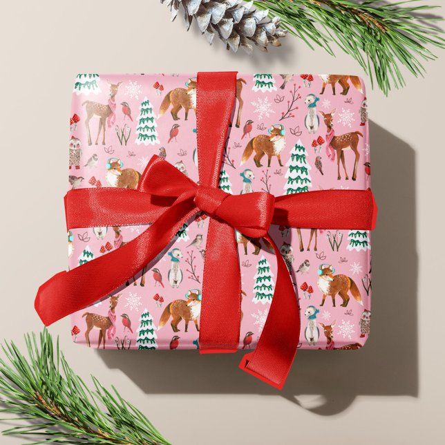 Juldagen för kute Rosa Woodland Animals Helgdag Presentpapper (Cute Pink Woodland Animals Christmas Holiday Wrapping Paper)