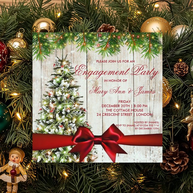 Juldagen Förlovningsfest Träd, Ljus och Ribbon Inbjudningar (Christmas Engagement Party Tree, Lights & Ribbon Invitation)