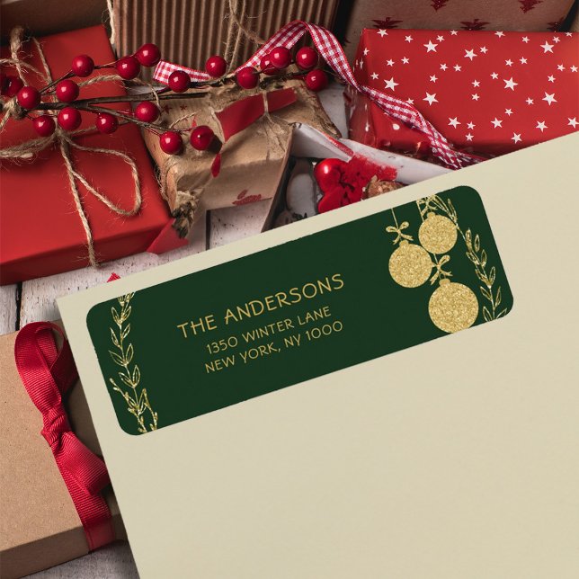 Juldagen Grönt Guld Glitter Returadress Etikett (Christmas Green Gold Glitter Return Address Label)