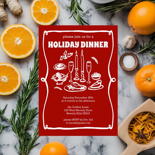 Juldagen Helgdag Middagen i Party ANPASSNINGSBARNA Inbjudningar (Whimsical Doodles Sketch Style Christmas Holiday Dinner Party CUSTOM Invitation
)