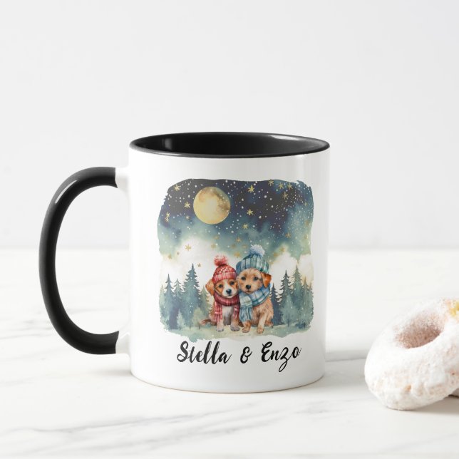 Juldagen Helgdag Rustic Hund Couple Red Blue Mugg (Med munk)