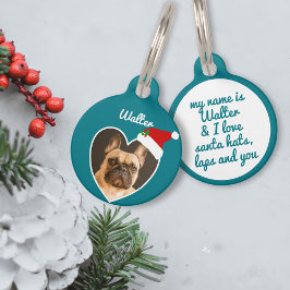 Juldagen Hund Photo Santa Hat Teal Heart Festive Djurbricka