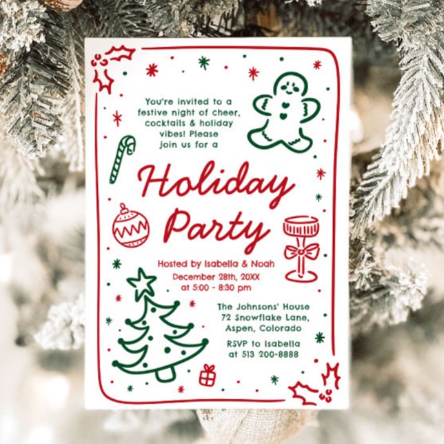 Juldagen i Hand plockade, vid jul, Julfest Inbjudningar (Whimsical Hand Drawn Christmas Holiday Party Card)