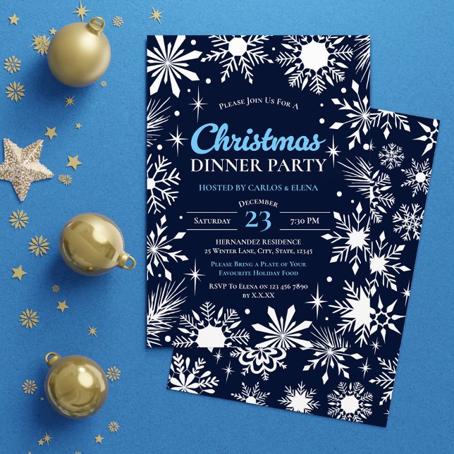 Juldagen i Snöflingor, marinblå, Party Inbjudningar (Navy Blue Snowflakes Christmas Dinner Party Invitation)