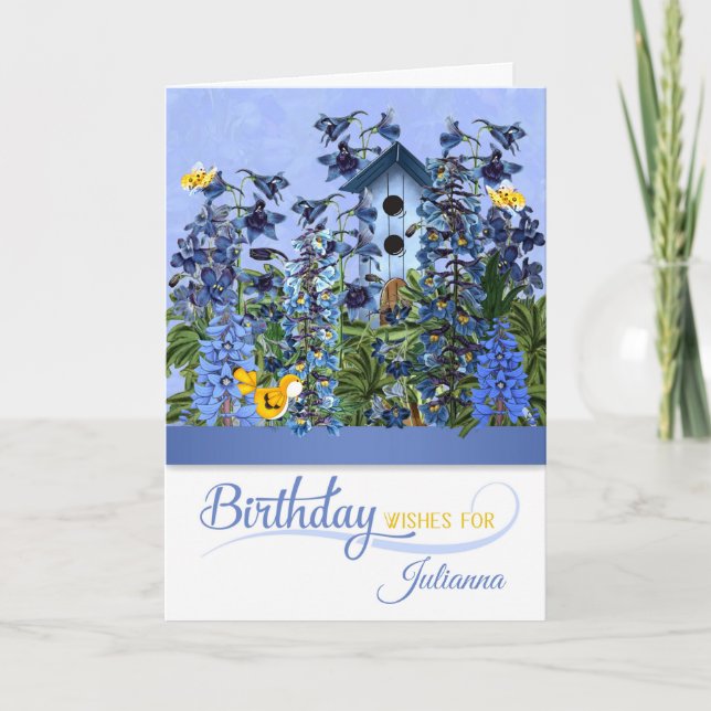 Juldagen Larkspur Garden med Birdhouse Namn Kort (Framsida)