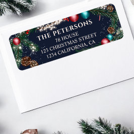 Juldagen ljus gräs grenar snö, blå festen returadress etikett