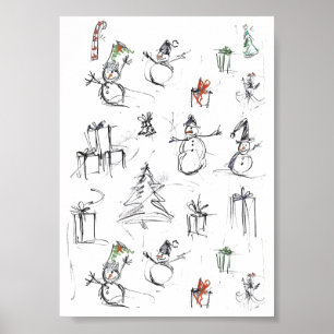 Juldagen Mönster med Snögubbe, Träd och Gif Poster