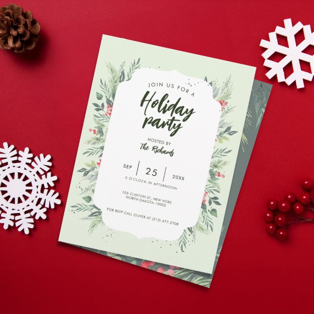Juldagen Party, botanisk, heltidshögd Inbjudningar (Botanical Foliage-themed Christmas Dinner Party Invitation)
