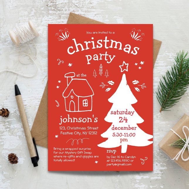Juldagen Party med Träd och stuga in i Inbjudningar (Whimsical Christmas Party with Tree and Cottage Invitation)