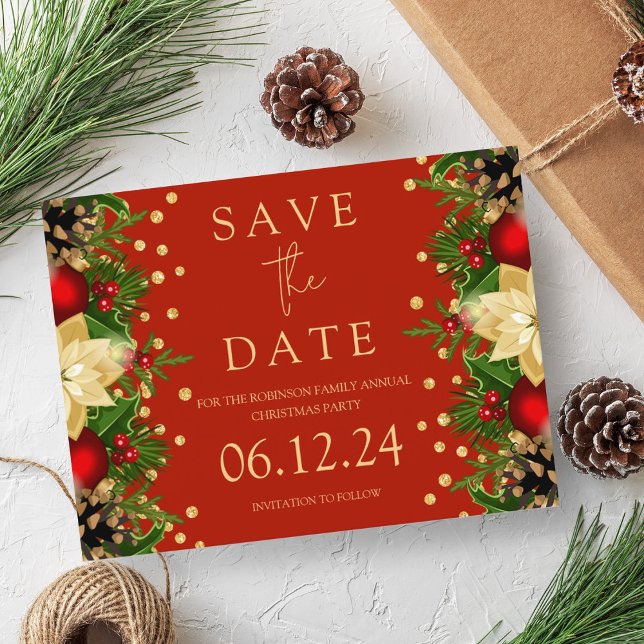 Juldagen Party Spara datumet Guld Blommigt Red Meddelande Vykort (Christmas Party Save The Date Gold Floral Red Announcement Postcard)