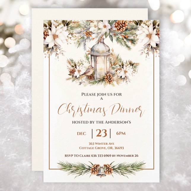 Juldagen Party White och Cream Elegant Inbjudningar (Christmas Dinner Pine White and Cream Elegant Invitation)