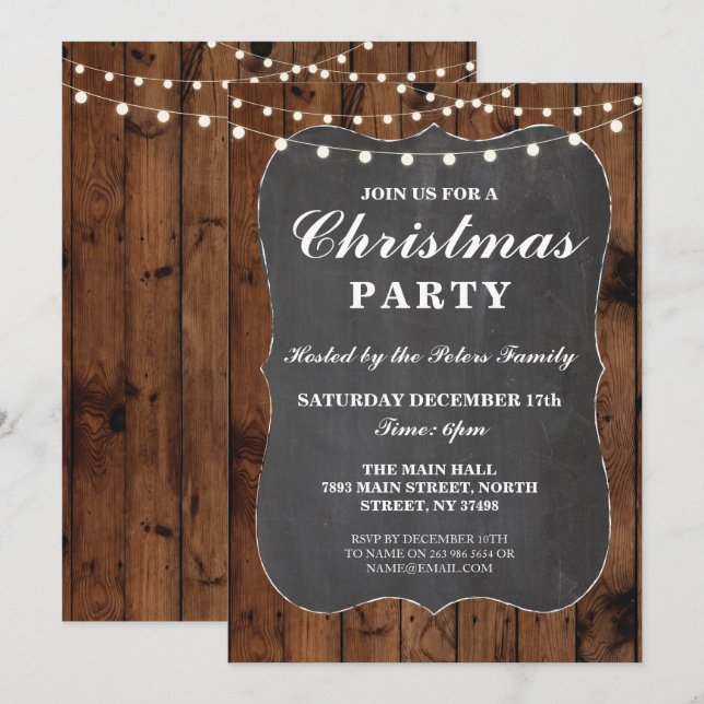 Juldagen Party Wood Rustic Chalk Inbjudningar (Fram/baksida)