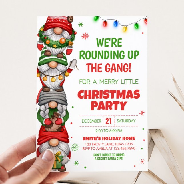 Juldagen Roligt Gnomes jul Party Inbjudningar (Christmas Gnomes We're Rounding Up the Gang Christmas Party Invitation)