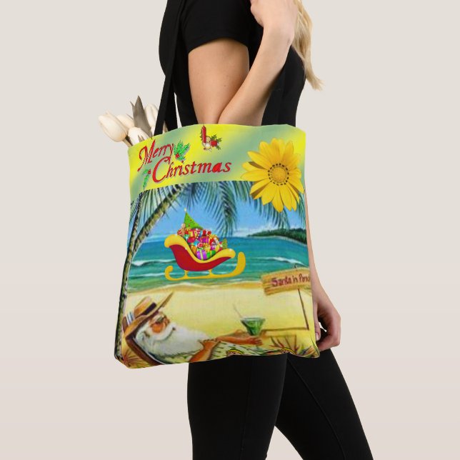 Juldamernas Tote bags, Beach Santa Tygkasse (Närbild)