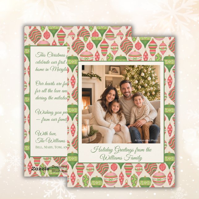 Juldekoration Design Modern Boho Foto  Julkort (Elegant Family Photo Holiday Card with a Pink, Red, and Green Festive Design)