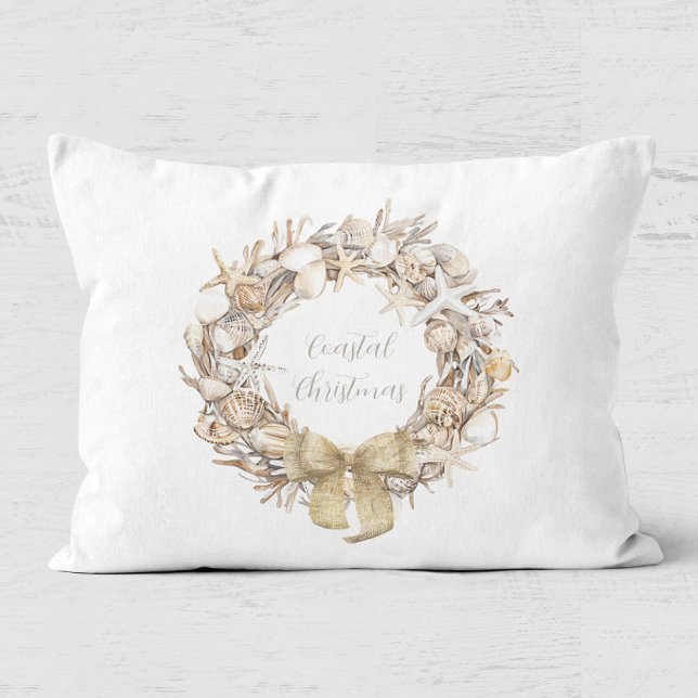 Juldekoration för kusttema med snäckor prydnadskudde (Seashell Wreath Coastal Christmas Pillow)