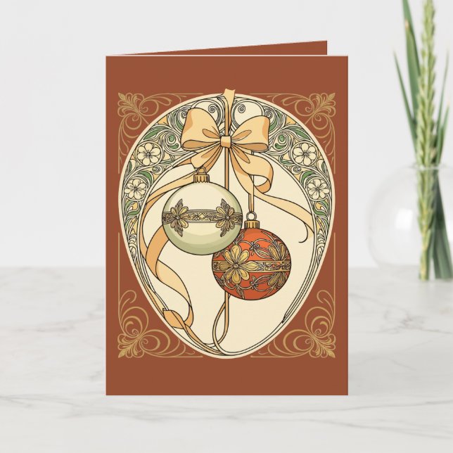 Juldekorationer Beige och Röd Art Nouveau Helgkort (Framsida)