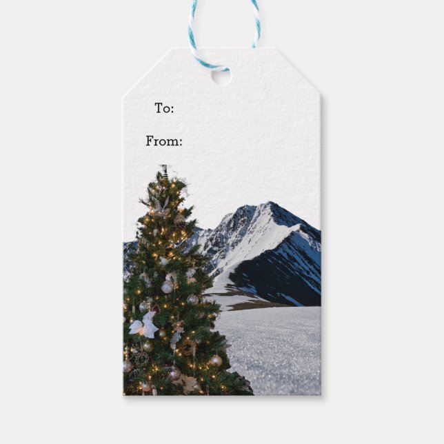 Juldekorationer med Träd och Berg Presentetikett (Framsidan)