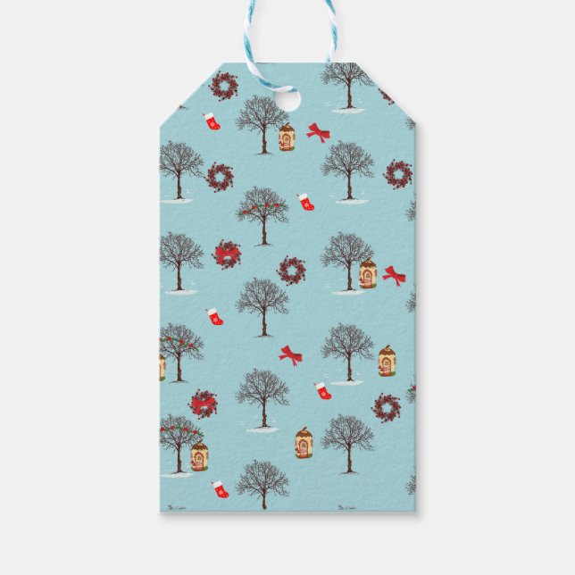 Juldekorationer och träd under snö presentetikett (Framsidan)