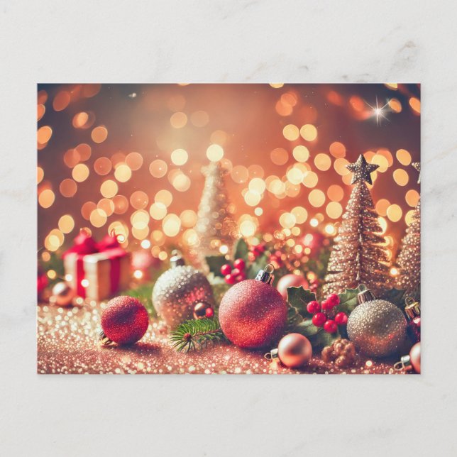 Juldekorationer på glitterbakgrund vykort (Framsida)