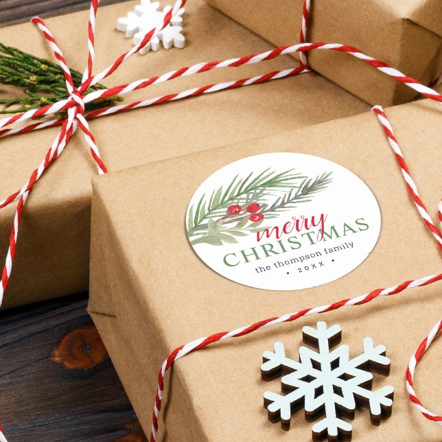 Juldekorationer Runt Klistermärke (Festive Christmas Greenery Classic Round Sticker)