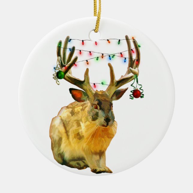 Juldekorerad jackalope julgransprydnad keramik (Framsidan)
