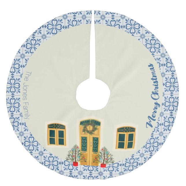 Juldekorerat hus och portugisiska plattor julgransmatta borstad polyester (Framsidan)